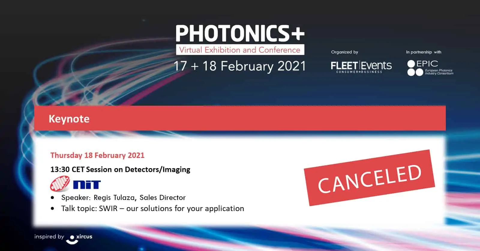 PHOTONICS+ – speaker NIT product presentation at PhotonicsPlus was canceled