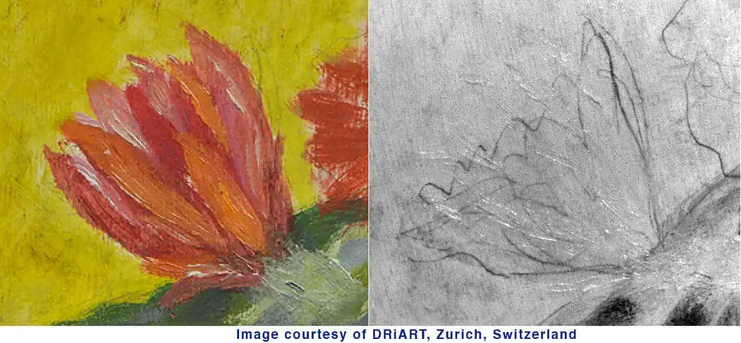 painting in visible light on left versus painting in SWIR on right